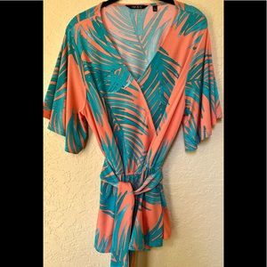 IMAN bell sleeve. Beautiful Orange and aqua palms blouse.